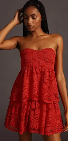 Maeve Anthropologie Women Red Lace Tiered Mini Dress XS Summer Party Cocktail