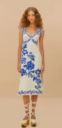 Farm Rio Floral Cascade Wavy Euroflax Premium Linen Midi Dress,Large,$280