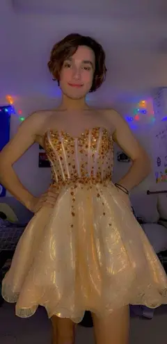 Angela and Alison Strapless Gold and Pink Dress