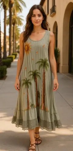 Just Cruising Maxi Dress Vintage 90s L/XL Rayon Gray Palm Tree Sun Embroidered Size L