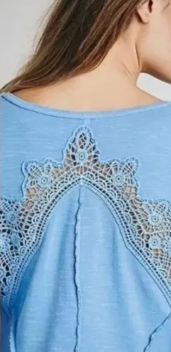 Free People Small Keepsake Henley Long Sleeve Top Blue Crochet Lace Cut Out Boho