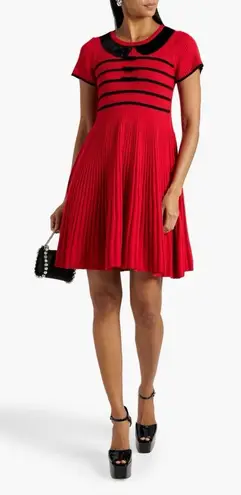 Red Valentino Striped Ribbed Wool Knit Pleated Mini Dress Bow Holiday M