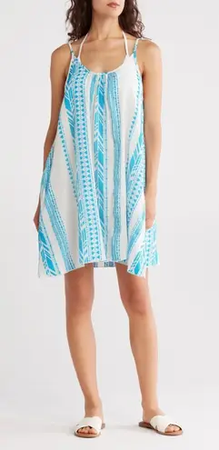 Elan Womens White Blue Geometric Print Halter Neck Mini Dress Beach Cover Up XL