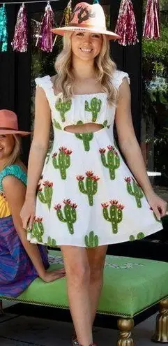 Queen of Sparkles Cutout Fuzzy Cactus Mini Dress Tie Back White & Green S