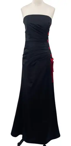 Vintage 90s Y2k Satin Gown Strapless Ribbon Lace Up Side Ruched Black Red 0