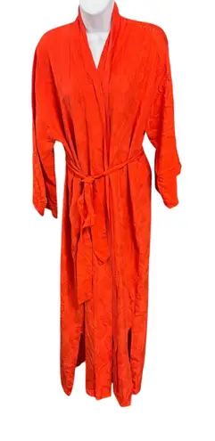 Dynasty Vintage Red Orange All Silk Floral Kimono Robe Duster Size S