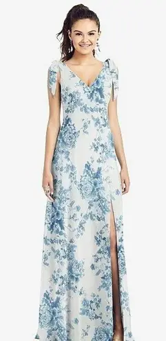 Thread bow shoulder v back chiffon gown with front slit cottage blue sz 14 women