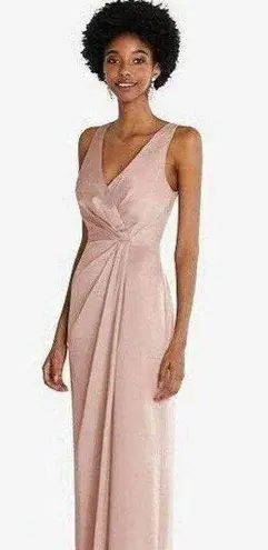 After Six Sleeveless Satin Faux Wrap Gown in Toasted Sugar