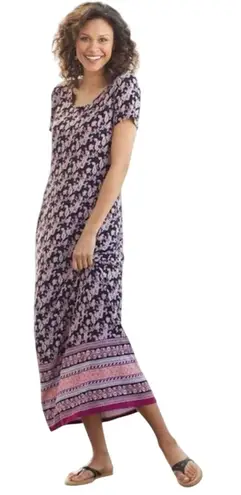 5 for $25| J. Jill Seamed Knit Floral Border Ultra Soft Flowy Maxi Pocket Dress Black