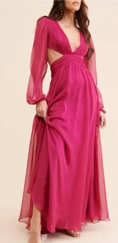Mac Duggal Ieena Hot Pink A Line Cut Out V Neck Back Long Sleeve Maxi Dress Sz 6