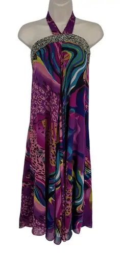 AI Authentic Icon Halter Dress Womens XS Purple Gold Sequin Flowy Boho Hippie