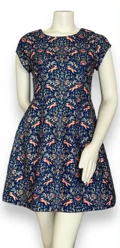 Pink Martini Dress Fox Print Blue Floral A-Line Lined Small Women Cap Sleeves