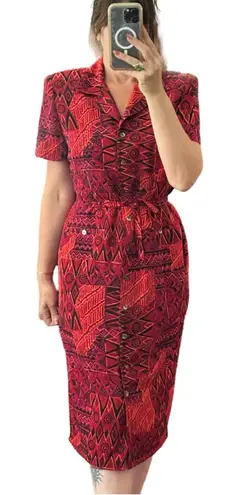 Vintage 90’s Red Abstract Lined Button Up Midi Dress Size 14