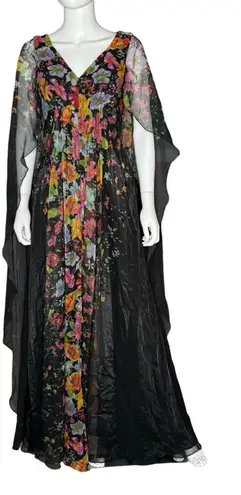 Rene Ruiz Collection Chiffon Cape Gown Floral Multi Women’s NWT Black Size 2