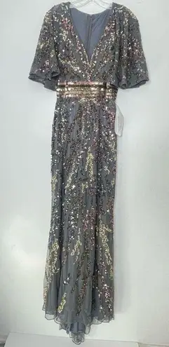 Mac Duggal 5439 Short Cape Flutter Sleeve Sequined Gown in Charcoal, Size 4