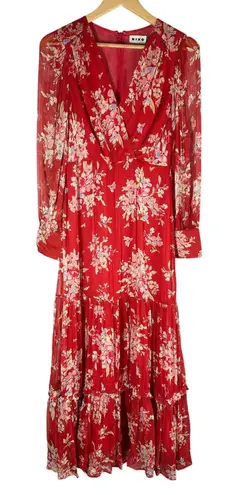 Rixo Elsie Chiffon Midi Dress in Red Bouquet Floral Merlot Size XS