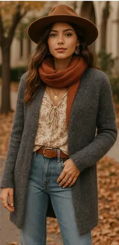 POL Gray Fuzzy Long Cardigan Sweater Medium Cozy Fall Layering Neutral Knit