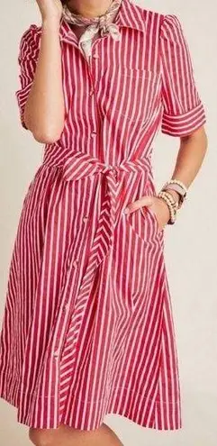 Maeve Anthropologie  Kiana Red and White Striped Shirt Midi Dress XS