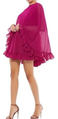 Mac Duggal 55407 High Neck Ruffle Cape Fuchsia (Pink) Chiffon Mini Dress, Size 8