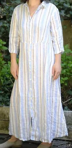 CP Shades Michelle Dress Size Medium Linen Stripe Button Front Maxi Made in USA