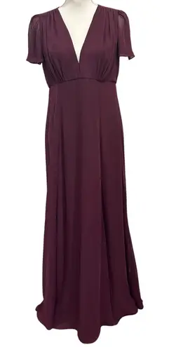 Joanna August Plum Chiffon Flutter Sleeve Maxi Bridesmaid Wedding Guest Dress