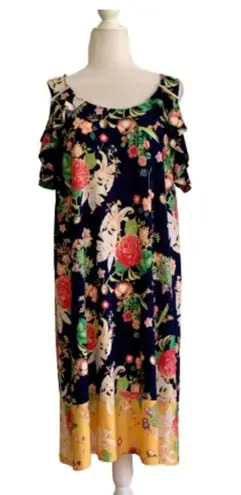 Rafaella Dress Blue Pink Yellow Floral Cold Shoulder Short Sleeve Dress Large