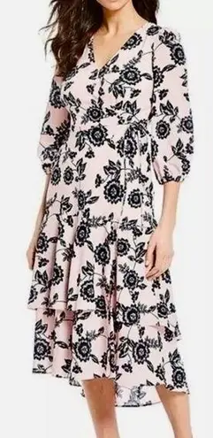 Eliza J Pink and Navy Floral Faux Wrap 3/4 Sleeve Tiered Midi Dress Sz 12