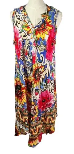 Seven Islands New York Women's Sleeveless Floral Print Button Front Midi Dress L Blue Size L