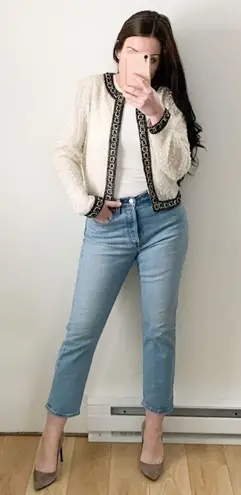 Vintage Ivory Black Sequined Beaded Embroidered Silk Dress Blazer Jacker Small