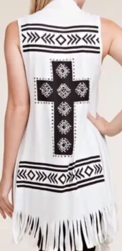 Vocal Cross Rhinestone Fringe Open Front Long Vest White M