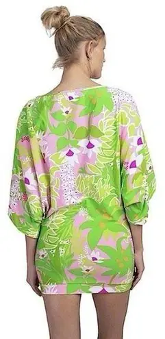 Trina Turk  La Palma Green Floral Print Tunic Swim Coverup Mini Dress Size Small