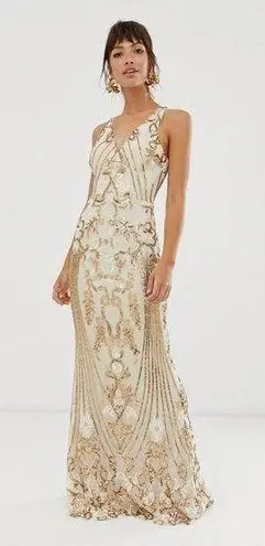 Bariano NWT ASOS ||  Embellish Pattern Gold Sequin Strappy Back Maxi Dress Size 6