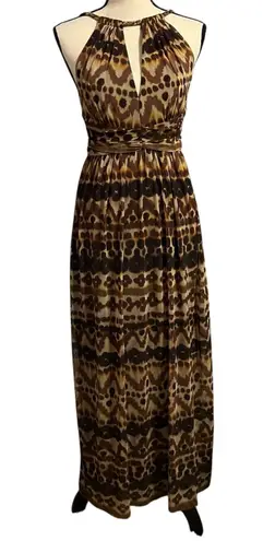 London Times Women's Brown Leopard Print Halter Dress Sz 8 Maxi Ruched Event