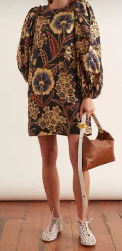 Ulla Johnson Claudine Navy Silk Gold Floral Dress 0 Puff Sleeve Wedding Guest