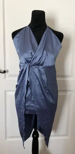 Cider Womens Blue Halter Wrap Dress Elegant Sleeveless Design With Tie Back