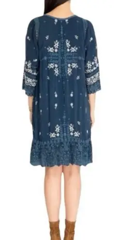 Johnny Was Abella blue embroidered 3/4 sleeves knee length boho dress size XS