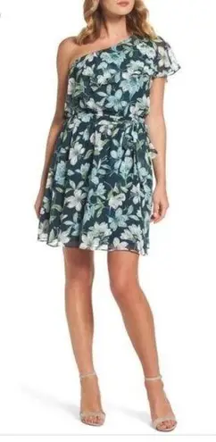 Eliza J Blue & Green Floral Ruffle One Shoulder Fit & Flare Mini Dress 14