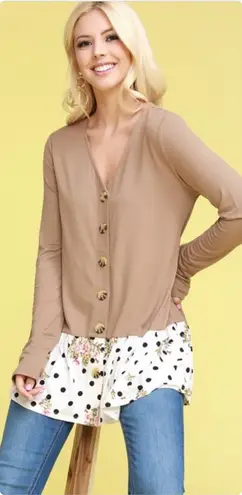 DOUBL JU Long Sleeve, Size XL, Super Soft Top, Button up Front Tan