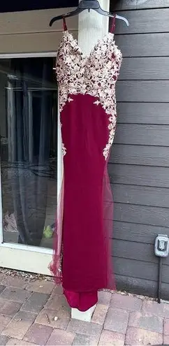 Cinderella Divine  womens mermaid appliqué prom formal dress burgundy/gold 10