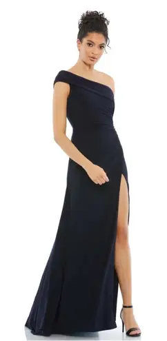 Mac Duggal Foldover Ruched Jersey Off-The-Shoulder Slit Gown Size 8 Navy