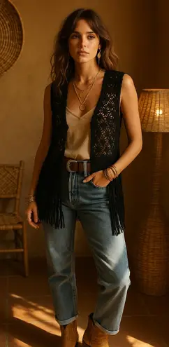 Vintage And How Paris NY Black Crochet Fringe Vest Boho 70s Western Sz M Size M