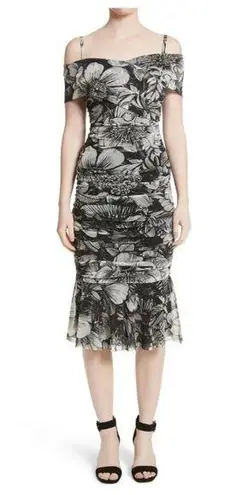 Fuzzi Print Tulle Floral Ruched Off Shoulder Dress Black Size M