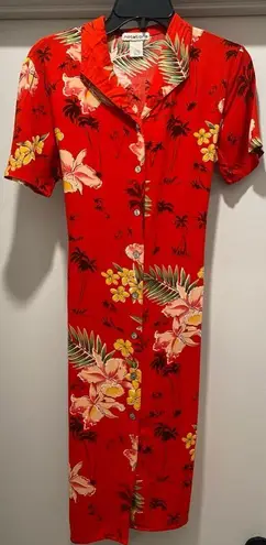 Notations VTG 90s Red Tropical Button Down Collared Short Sleeve Maxi Dress - S