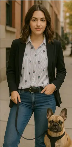 Grace and Delancy Striped French Bull Dog Print Button Down Shirt Size 8 White