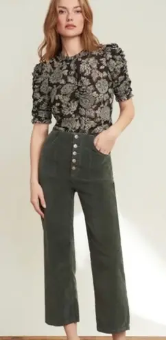 Veronica Beard Cotton Crosbie High Rise Crop Wide Leg Green Corduroy Pants 30