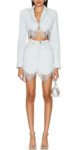 AREA Scalloped Embellished Cropped Denim Jacket in Pale Blue, Size 4, NWT Blue