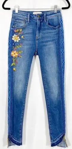 Driftwood Jackie High Rise Floral Embroidered Distressed Skinny Tulip Hem Jeans