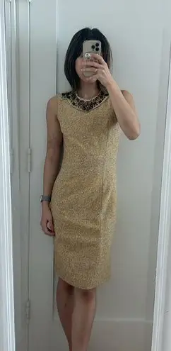 Carolina Herrera beige tweed embellished midi dress