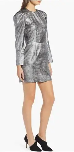 Something Navy Foil mini dress Sz Medium Silver metallic puff sleeves Rave party