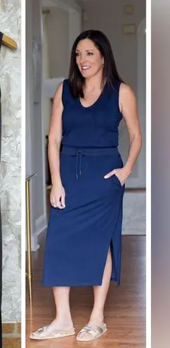 Evereve Elastic Waistband Drawstring Navy Blue Midi Dress size medium